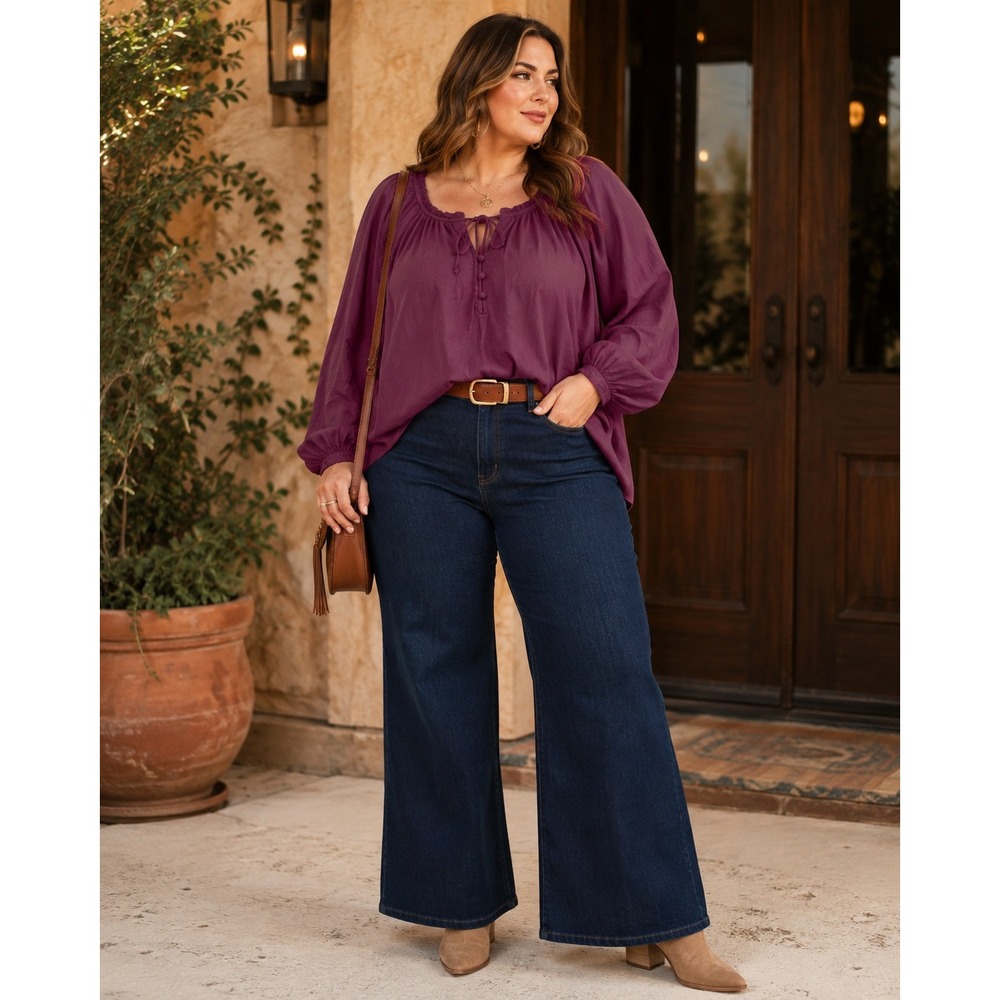 Torrid Women's Size 2 2X Plum Boho Peasant Blouse Tie Neck Bishop Sleeve